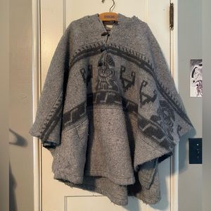 Gray and Black Alpaca Wool Blend Heavy Hooded Poncho with Inner Pockets, OS